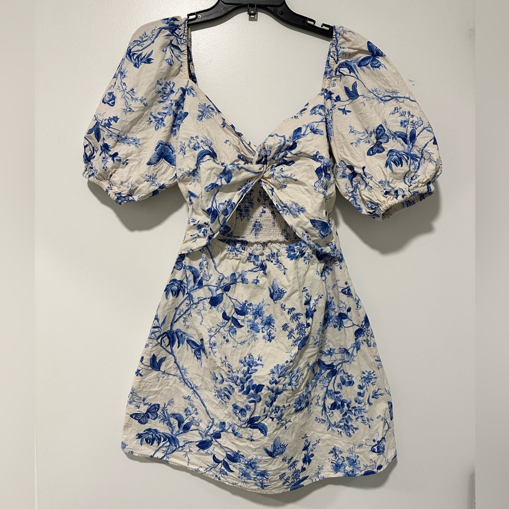 H&M Blue Floral Mini Dress with Puff Sleeves